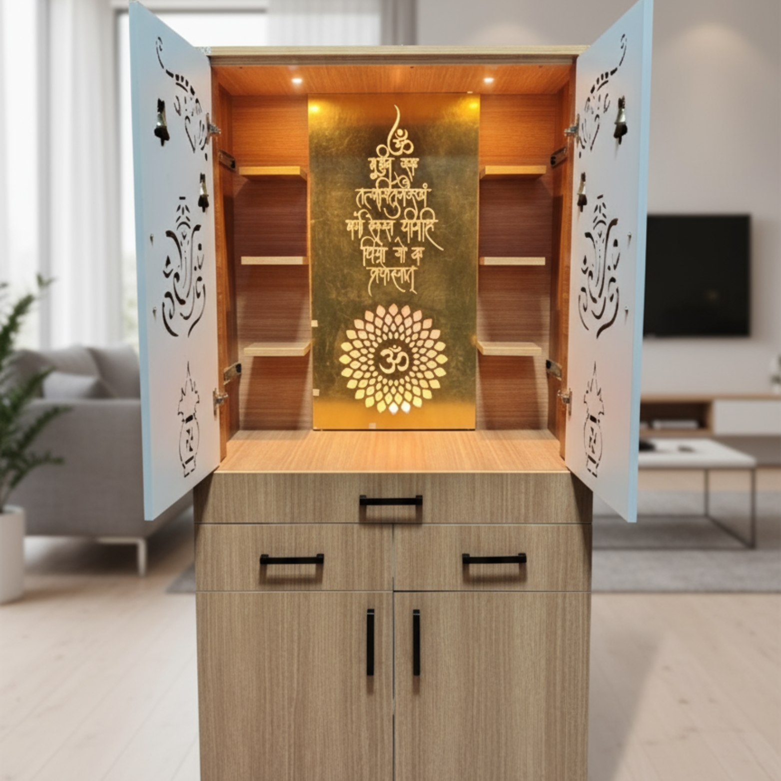 Large Sliding Door Wooden Pooja Mandir