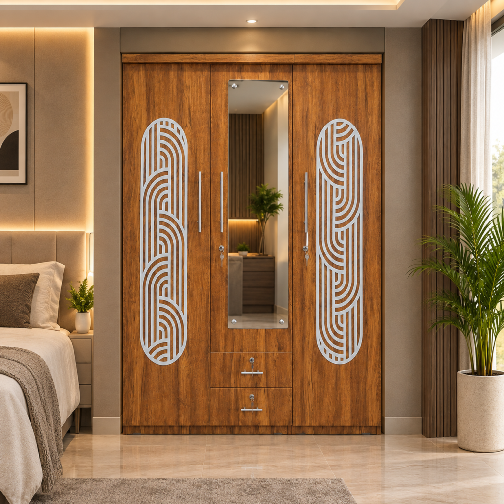 Modern Wooden Wardrobe with Mirror – 48 × 75 × 18 Inch