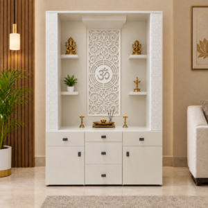 Modern White Home Pooja Mandir Unit with Storage