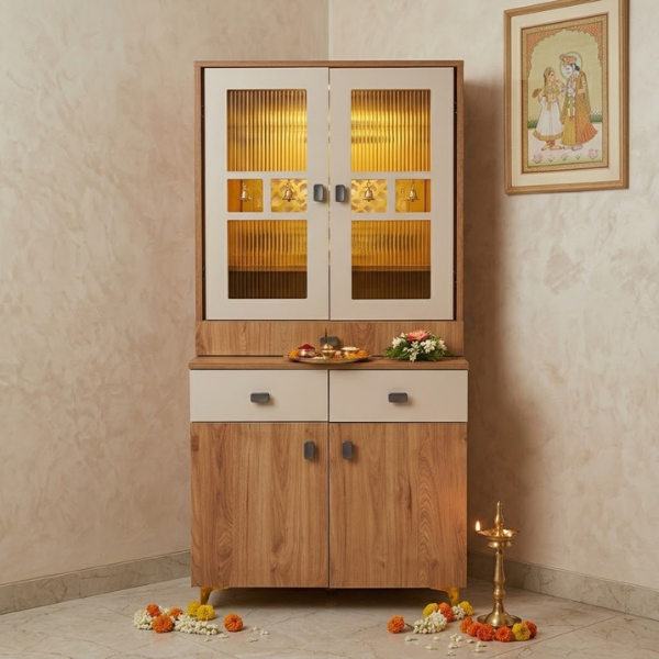 Dual-Tone Fluted Glass Home Temple Cabinet